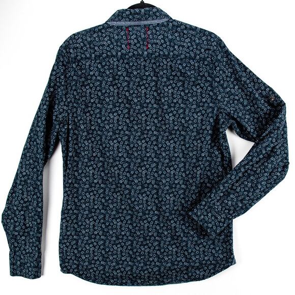 Floral Button-Up Chambray Trim – Men’s Medium Long Sleeve Casual | Vintage Red - Picture 10 of 12